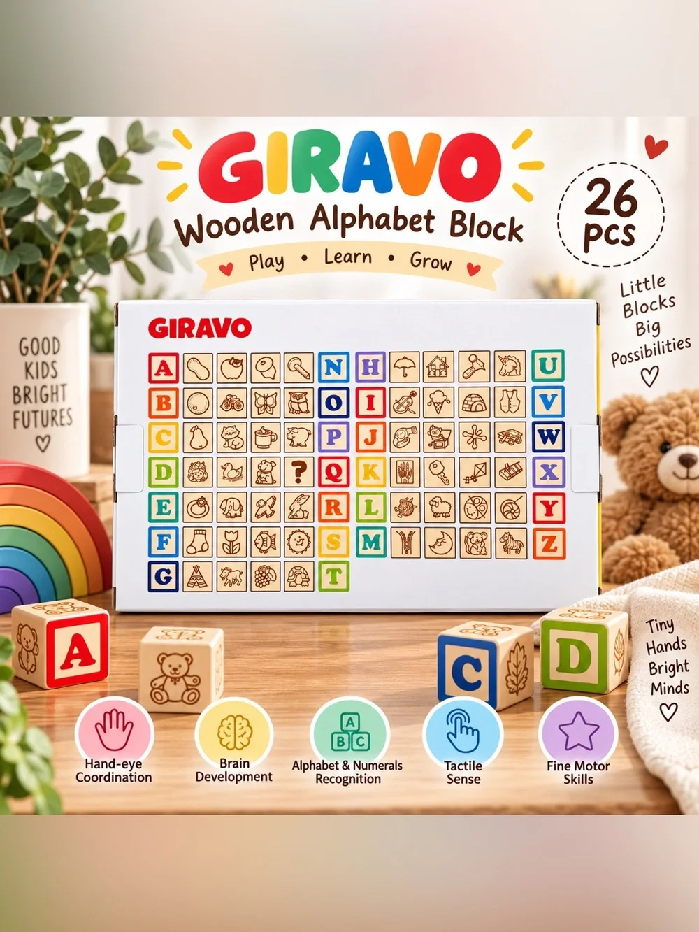 Giravo Rainbow Wooden Alphabet Blocks